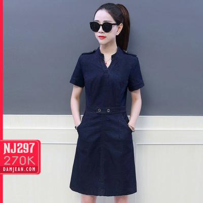 ĐẦM JEAN CỔ V ĐAI EO ĐÍNH NÚT - NJ298